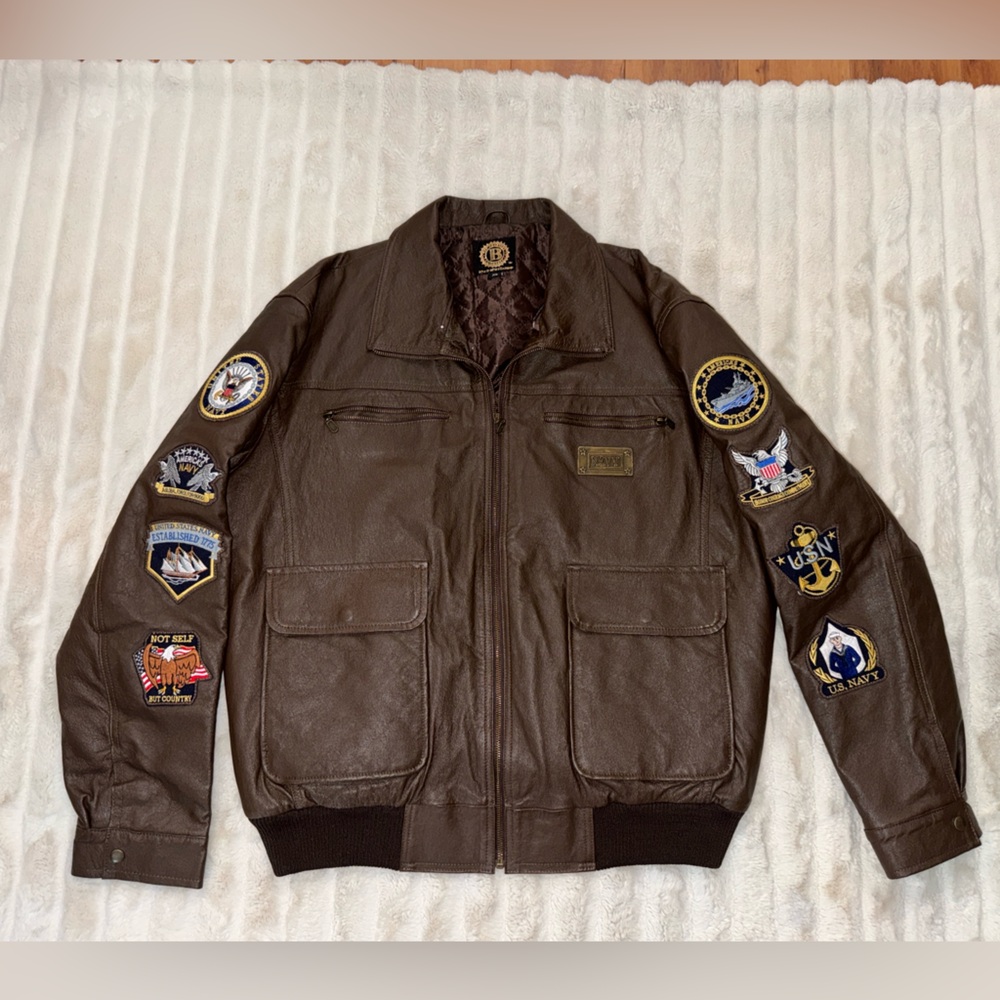 Vintage G-1 Bradford Exchange NAVY leather flight patch jacket men’s sz XL